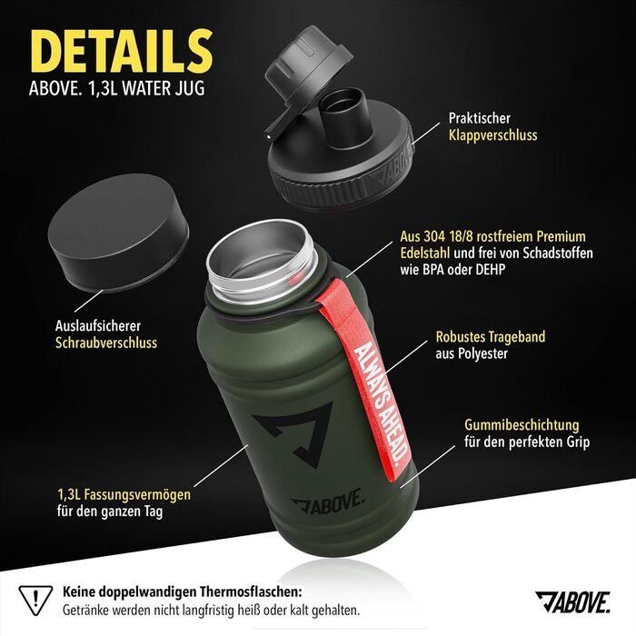 Металева пляшка для води 1.3 л, олива – нержавіюча сталь, BPA-free, герметична, спортивна, для фітнесу та подорожей, подарункова упаковка