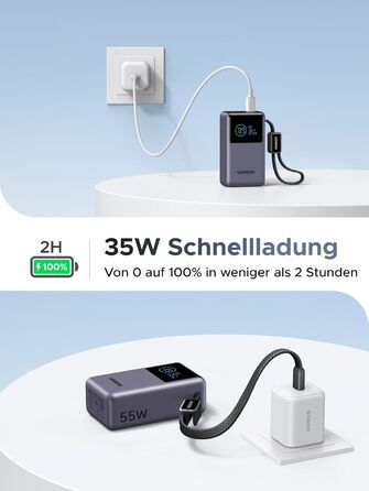 Power Bank UGREEN 10000mAh 55W з вбудованим кабелем, PD 45W, Mi Turbo Charge для Xiaomi, сумісний з iPhone 15/16/17 (Сірий)