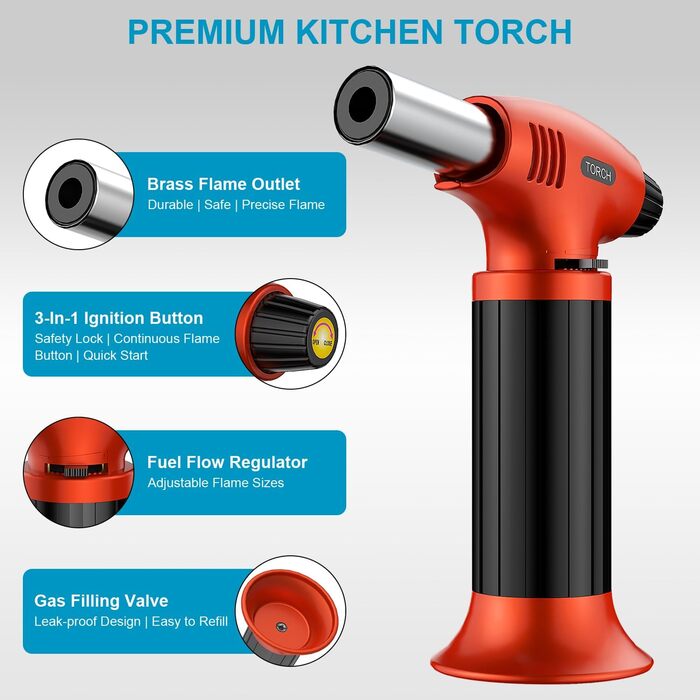 Нагрівач для крем-брюле, що перезаряджається, з регулюванням полум'я, для десертів, BBQ (без бутану) (Помаранчево-чорний)