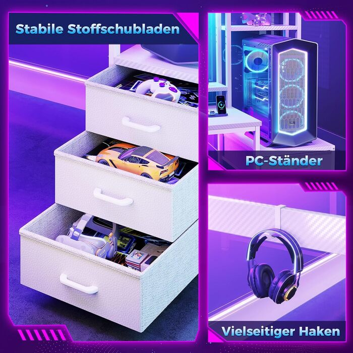 Ігровий стіл Coleshome з полицями та шухлядами, 137×48 см. Стіл для геймінгу з LED-підсвічуванням та розеткою, комп'ютерний стіл з місцями для зберігання та підставкою для монітора (білий карбон, 137×48 см)