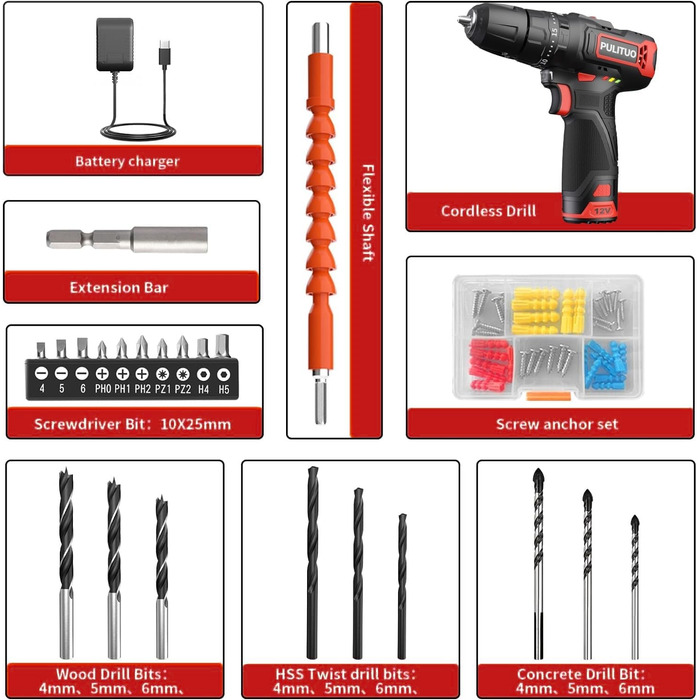 Акумуляторний ударний дриль-шуруповерт PULITUO 12V, комплект, металевий патрон 3/8', 21+1+1 ступенів моменту, LED-ліхтар, 35 Нм, 1300 mAh, бездротовий дриль