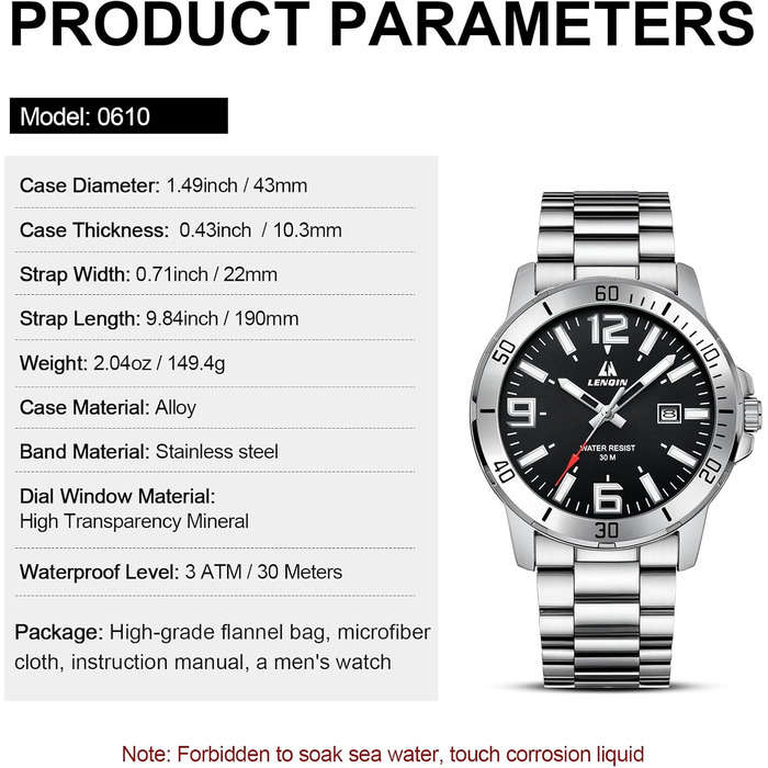 Годинник чоловічий LN LENQIN з нержавіючої сталі, водонепроникний, з датою, кварцовий, аналоговий, бізнес-стиль (сріблястий, чорний)