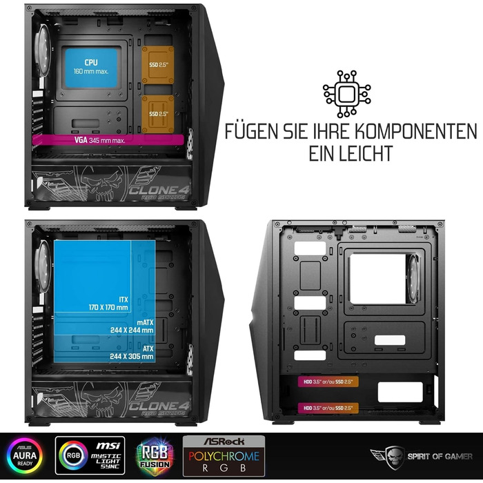 Корпус для ПК Spirit of Gamer Clone 4 RGB з прозорою стінкою з загартованого скла. Підтримує ATX/mATX/ITX. В комплекті 2 вентилятори 120 мм.