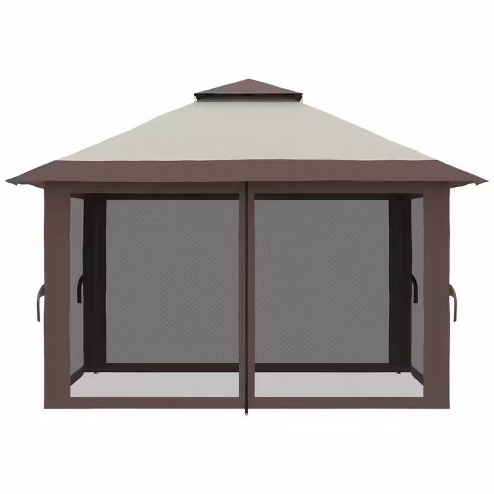 Outsunny Folding Gazebo 4x4m Garden Gazebo Adjustable Height with UV Protection & Mosquito Curtains, Double Roof in Beige for Garden Parties