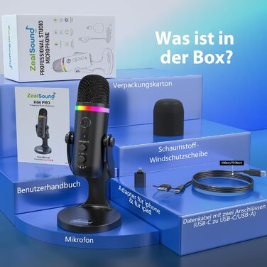 USB мікрофон Zealsound RGB для ПК, iPhone, стримінгу, YouTube, Discord, PS5, Mac. Підтримка USB-C та Lightning, шумозаглушення, Plug & Play