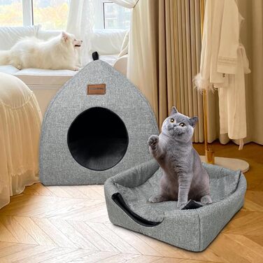 Кіт-будиночок Katzenhöhle для дому з подушкою, складаний, миючий, зручний, сірий, 40x40x35 см