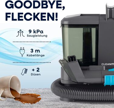 CLEANmaxx Професійний пароочисник для меблів та килимів Pro Steam | 3-в-1: очищувач меблів, точковий очищувач, пральний пилосос | Видаляє плями з килимів, авто, диванів тощо. (Чорний з шампунем, компактний 330W)