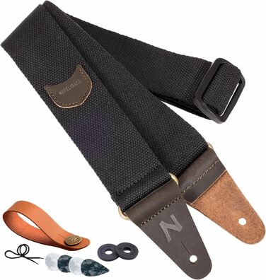 Гітарний ремінь Nefelibata з кишенькою для медіаторів, шкіряні кінці, для бас, електро- та акустичної гітари, з безкоштовними фіксаторами, 1 пара замків та 4 медіатори, чорний