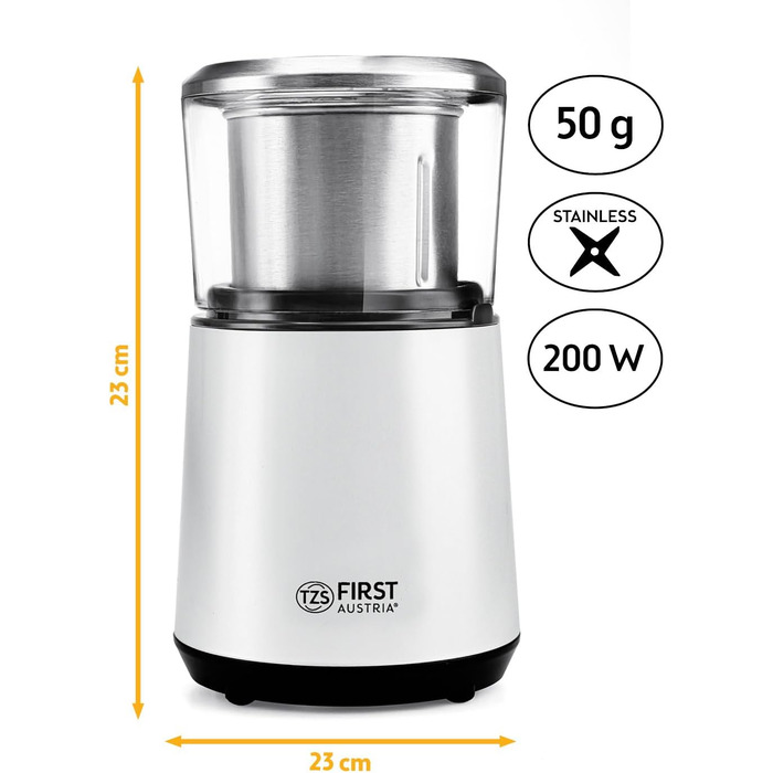 Електрична кавомолка TZS First Austria, 200W, 27000 об/хв, 4 леза з нержавіючої сталі, контейнер 50г, тиха, компактна, легка у чищенні, з котушкою для кабелю (біла)