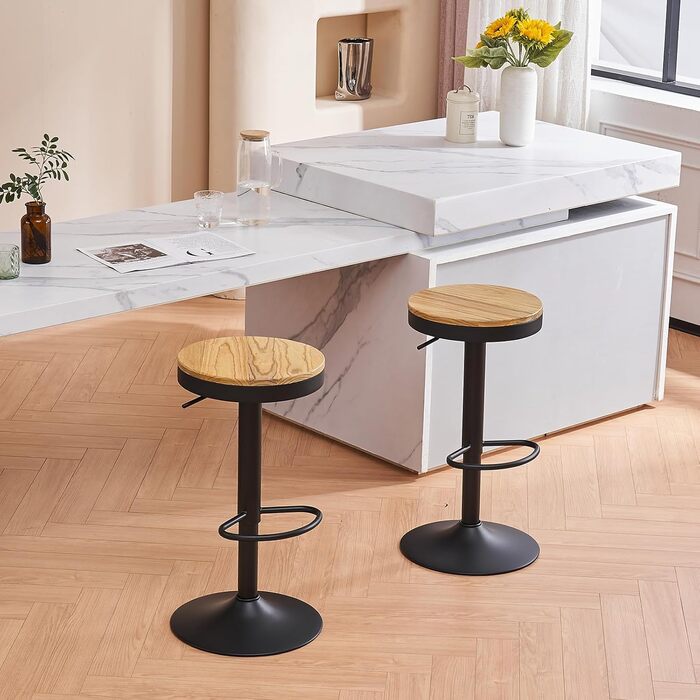 YOUNIKE Adjustable Swivel Bar Stools 2-Pack - Black Wood Kitchen Bar Stools with Footrest - Vintage Style