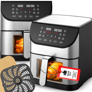 Retoo Фритюрниця без олії 6.5л 1800W з цифровим дисплеєм та 10 програмами, аерофритюрниця, нержавіюча сталь, чорний колір