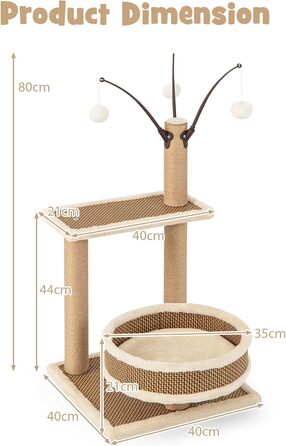 Кігтеточка SOARS для котів з ліжком, платформою та іграшками, 40x40x80 см