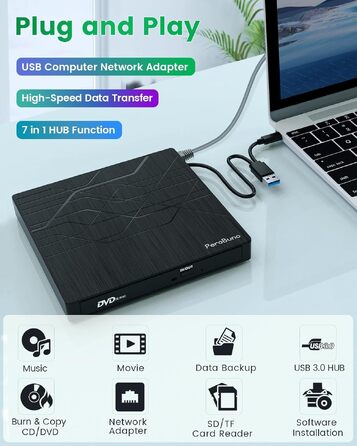 Зовнішній DVD-привід PeroBuno USB 3.0 Type-C, CD/DVD ROM +/-RW, ультратонкий оптичний накопичувач та записник для ноутбука, ПК, MacBook (Windows, Linux, macOS)