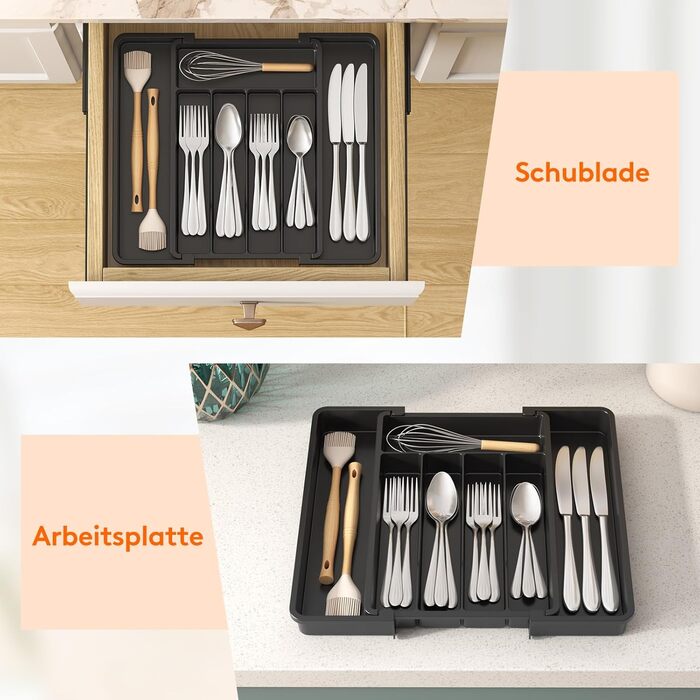 Органайзер для столових приладів Lifewit в шухляду, регульований, пластиковий, 33-57 см, глибина 38 см, чорний