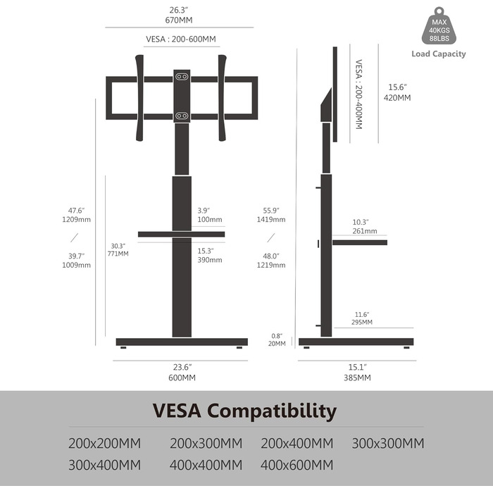 Підставка для телевізора FITUEYES біла з дерев'яною основою, регульована по висоті та поворотна, для телевізорів 32-70 дюймів (плоских та curved), до 40 кг, VESA 600x400