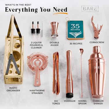 Набір бармена для приготування коктейлів Rose Gold 24oz: 12 предметів, дерев'яний підставник, рецепти, професійний барний аксесуар