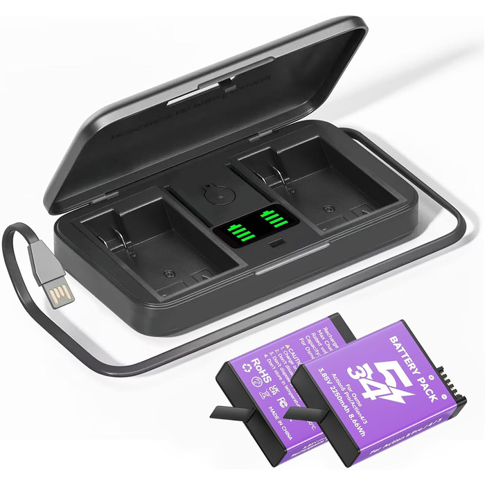 CITYORK Зарядний пристрій для DJI Osmo Action 3/4/5 Pro з 2250 mAh акумуляторами (2 шт.), Dual USB, LCD-дисплей