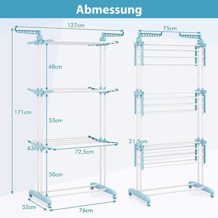 Сушарка для білизни COSTWAY 4-рівнева з колесами, розкладна, з 2 обертовими крилами, висувна, для дому та вулиці (світло-блакитна)