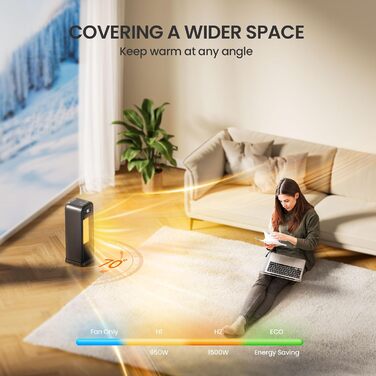 Електричний обігрівач 1500W, керамічний, тихий, з таймером 12 годин, осциляція 70°, захист від перегріву та перекидання, сумісний з Alexa & Google Assistant, чорний, 1 шт. + 4 режими