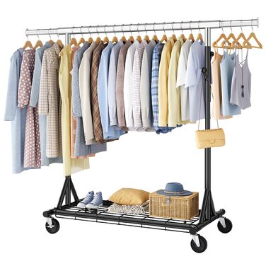 Легкий мобільний вішак для одягу на колесах FAVOOOSTY, металевий, до 200 кг, чорний, 1 стяжка