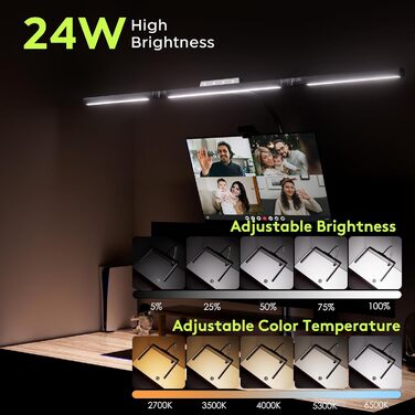 Настільна лампа для робочого столу з 3 джерелами світла, 24W, 100см, денне світло, з пультом дистанційного керування, регульована яскравість, лампа для монітора, модель «Лебідь», матовий чорний колір