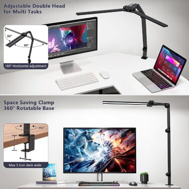LED лампа для столу KableRika 24W з двома головками, регулювання яскравості, 1200lm, захист очей, для офісу та дому, чорна