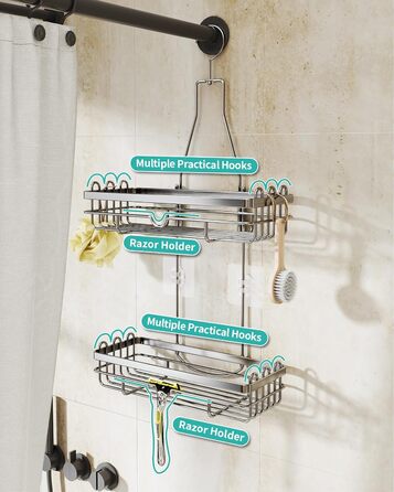 HapiRm Shower Shelf for Hanging, Hanging Shower Rack with Multiple Hooks - High-Quality Hanging Shower Basket Stainless Steel, No Drilling Required, Silver