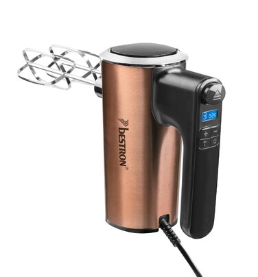 Міксер ручний Bestron Power з 6 рівнями потужності, Turbo-функцією та LCD-дисплеєм. В комплекті: 2 вінчики та 2 гаки для тіста. Легкий (1 кг), колір: мідний