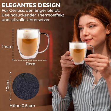 Набір склянок для лате макіато Zobel 350 мл (4 шт.) з ручкою, подвійні стінки, боросилікатне скло, з підставками та ложками, для посудомийної машини, термостійкі