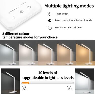 LED лампа для столу LQWELL® з регулюванням яскравості, метал, 5 кольорів, 10 рівнів, USB-зарядка, сенсорне керування, пам'ять, для дітей, офісу, білого кольору (QM019)
