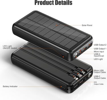 Сонячний павербанк 48000 мАг з 3 кабелями, сонячна панель з 3 виходами та 2 входами, швидка зарядка QC22.5 та PD USB-C 20W для телефонів, планшетів, кемпінгу, подорожей, активного відпочинку