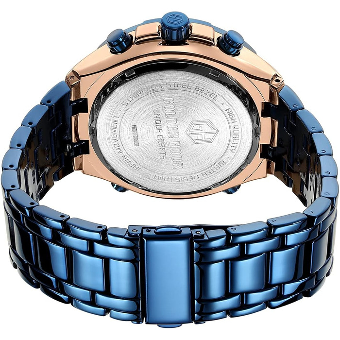 Чоловічий годинник з хронографом: сталевий, водонепроникний, з датою та будильником, аналогово-цифровий дисплей (рожеве золото/блакитний)