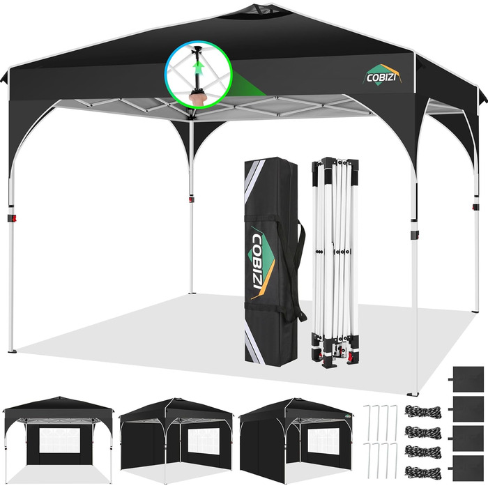COBIZI Folding Gazebo 3x3, 3x3 Gazebo Waterproof Stable One Push UV Protection Outdoor Party Tent Corrugated Eaves Festival Tent Tent Garden Gazebo Pavilion Folding 3x3m With Carry Bag, (Black, 3x3 with 3 Side Walls)