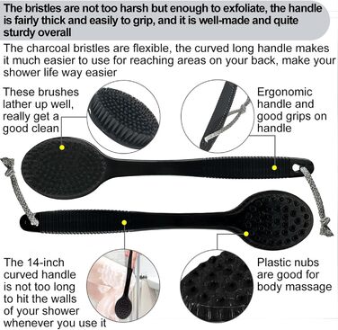 Back Scrub Brush – Curved shower brush with a long handle and medium-stiff bristles for cleaning and exfoliating the body, back scrubber for men and women (black + pink, 2)