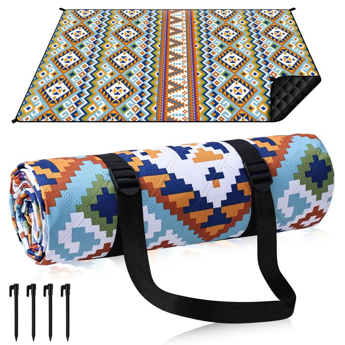 Плед для пікніка Boho водонепроникний, великий (XL 150x200 см) з ручкою, 4 кілочки, для пляжу, кемпінгу, парку - Boho стиль