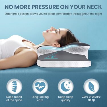 Подушка з піною з пам'яті A-Pce для всіх сплячих положень, ергономічна ортопедична подушка для зняття болю в шиї та плечах, подушка з знімним чохлом, сірого кольору, середньої жорсткості