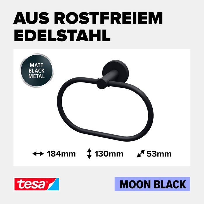 Кільце для рушників tesa Moon Black, овальне, матове чорне, настінне, без свердління, з клеєм, 53x184x130 мм