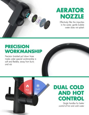 Змішувач кухонний поворотний на 360° з висувним дощувачем, з позолоченим покриттям, для кухні, однорідний, з трьома виходами, чорний