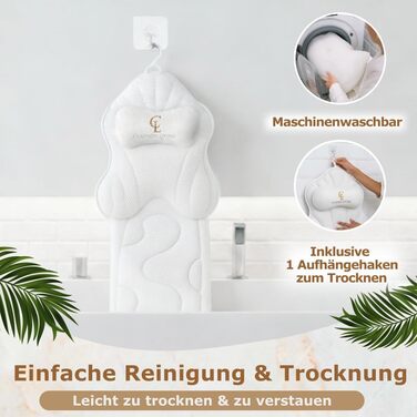 Подушка для ванни для всього тіла 126x41 см з підголовником, підтримкою для шиї, спини та ніг. Біла, тепла біла. У комплекті: мішок для прання/подорожі та гачок для сушіння.