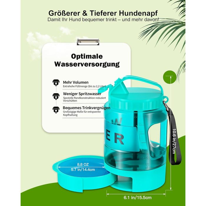 Поїлка для собак Lesotc 2200 мл, велика, для подорожей та кемпінгу (м'ятний)