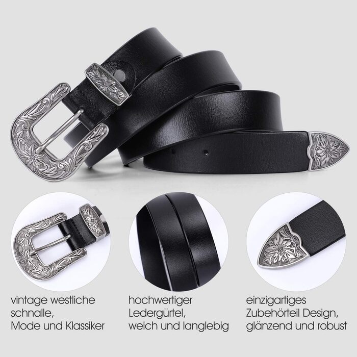 Жіночий шкіряний ремінь JasGood для джинсів та штанів, вінтажний стиль, колір чорний, розмір M (110 см)