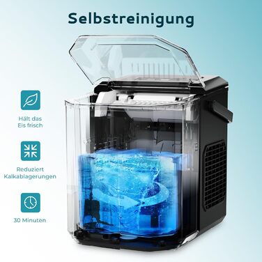 EUHOMY Ice Maker - Countertop Ice Machine, Stainless Steel, 12kg/Day Capacity, 9 Cubes in 6 Minutes, 2 Sizes, for Home, Kitchen, Office, RV - Black