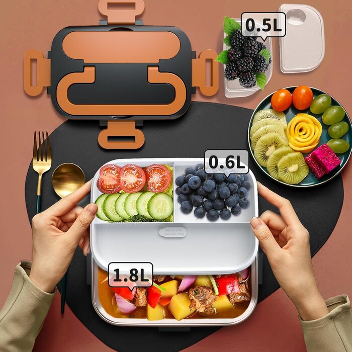 Електрична ланчбокс SOOOEC 100W, 3-в-1 з нержавіючою сталі, 12V/24V/220V для авто/офісу, з ізольованою сумкою (Оранжево-Чорний), 1.8L