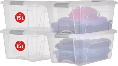 Iris Ohyama Storage Boxes with Lids, 60L, Set of 4, Silver, Secure Closure, Stackable, Handles, for Bedroom, Closet, Office, Organization, BPA-free Plastic, Storage Boxes, NTB-60 (Black, 15L/Set of 4)