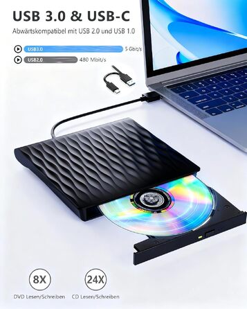 Зовнішній DVD/CD привід DANGZW USB 3.0 Type-C, портативний DVD-брунер та плеєр для ноутбука та ПК, сумісний з Windows, MacOS, Linux (чорний глянцевий)