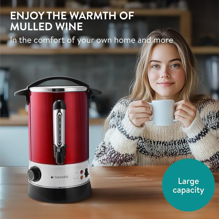 Navaris Mulled Wine Warmer Hot Water Dispenser - Stainless Steel - 6.8L - with Thermostat, Fill Level Indicator, and Tap - Mulled Wine Hot Beverage Machine Red