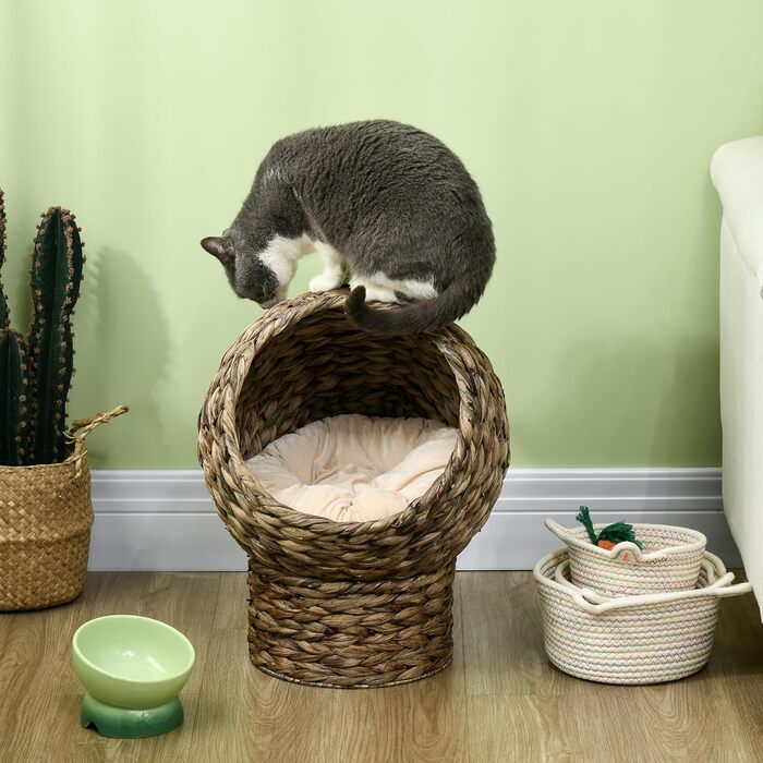 PawHut Rattan Cat Basket Cat Cave Cat House Cat Bed with Cushion Pet Bed Water Hyacinth 42 x 33 x 52 cm (42L x 33W x 52H cm, Coffee)