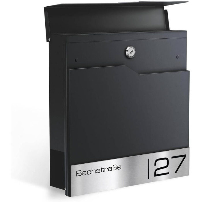 Поштовий ящик настінний Metzler Thobe з нержавіючої сталі та відділенням для преси, з іменним шильдиком, чорний