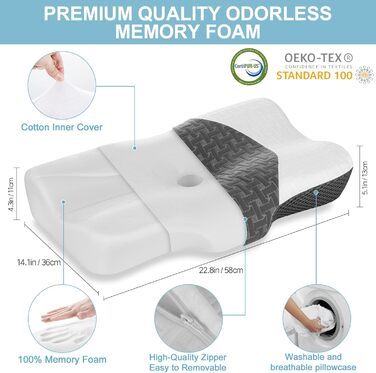 Elviros Orthopedic Pillow, Memory Foam Ergonomic Neck Support Pillow, Neck Pillow Head Pillow Neck Pain, Side Sleeper Pillow Stomach Sleeper Pillow, with Cover, Dark Grey