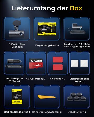 Автомобільний відеореєстратор GKU D600ProMax 4K Ultra HD з передньою та задньою камерами, сенсором STARVIS 2, WiFi 6 та карткою пам'яті SD